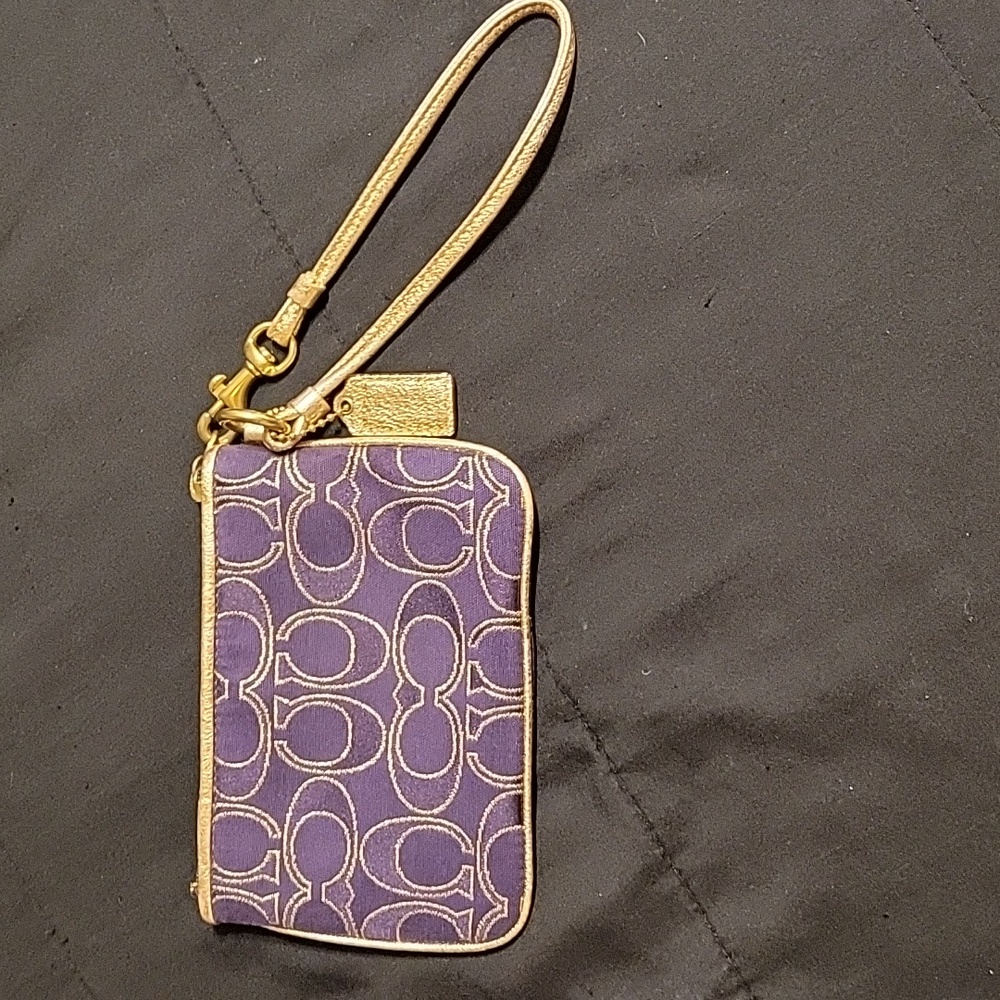 Coach Poppy Purple and Gold Signature Wristlet - Picture 2 of 13